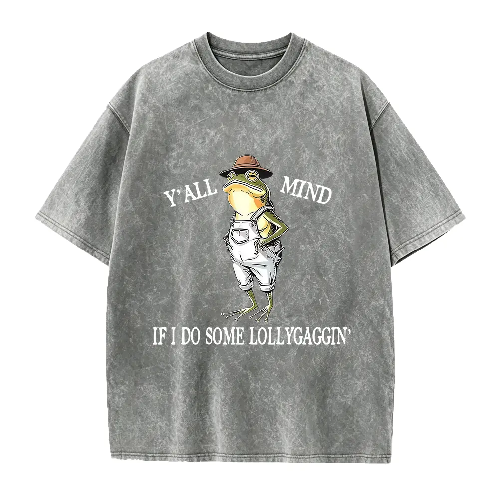 Vintage Farmer Frog Lollygag Graphic Tee, Men Washed Loose Fit Casual Short Sleeve T-Shirt, Funny Country Meme Holiday Gift Top