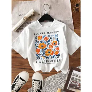 Yellow Flowers Market California Print T-Shirt Woman Soft Cotton Tee Top O-Neck Casual T Shirt Crewneck Sports Short Sleeve