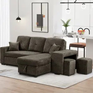 Reversible Sleeper Sectional Sofa Bed with Side Shelf and 2 Stools, Pull-Out L-Shaped Sofa Bed, Corner Sofa-Bed with Storage Chaise Left/Right Hande for Living Room