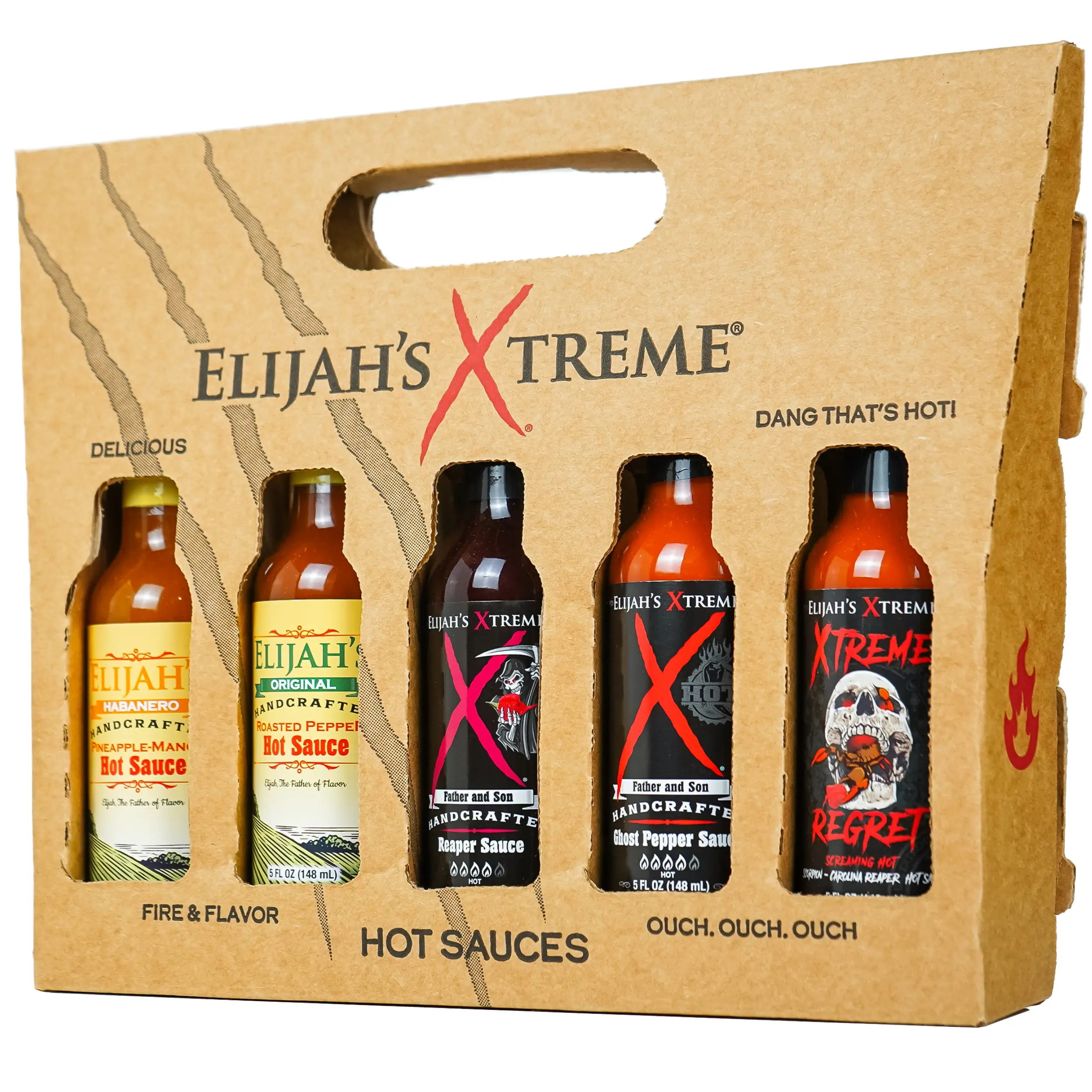 Hot Sauce Variety Pack: Elijah's Xtreme Pineapple-Mango, Original, Ghost, Xtreme Regret, Reaper Sauce - Flavor Dip, 5 Bottles Sambal Chili Jalapeno Sp