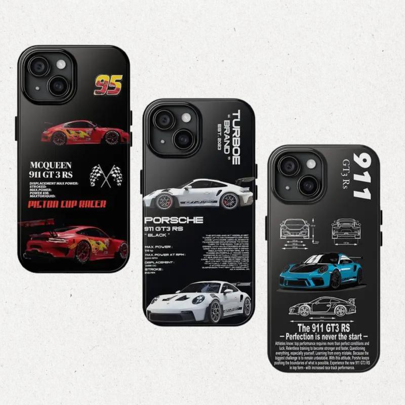 Porsche 911 GT3 RS Phone Case, McQueen 95 Black Tough Cover, iPhone 16 15 14 13 12 11 Pro Max Plus Mini, Sport Car Design, Durable Gift for Car Lover