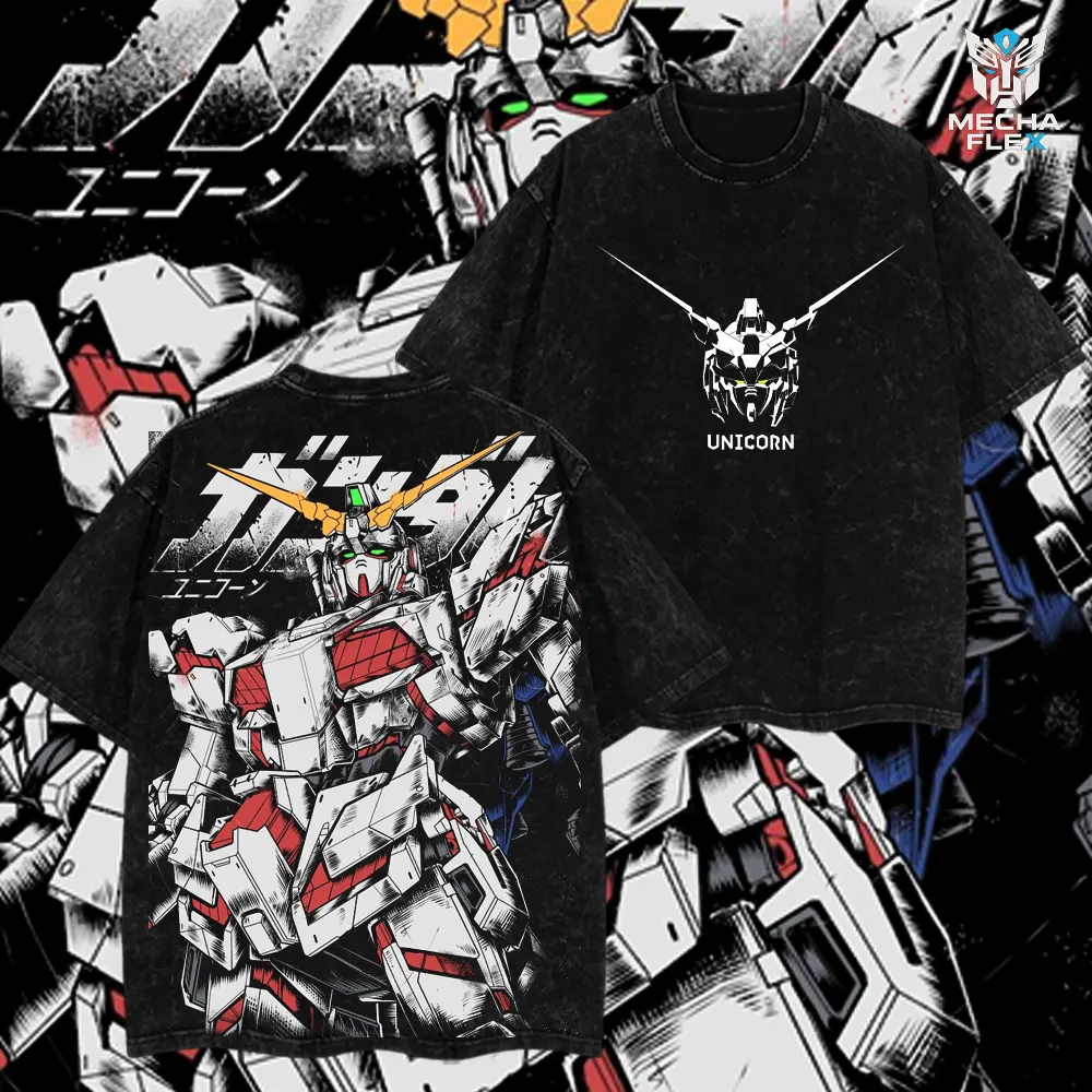 Power Unicorn RX-0 Gundam Retro Monsterverse Unisex Vintage Washed Double Printed Heavyweight Natural Fabric Menswear Oversized Tee - Hoodie Option, Tops with Casual Vibe for Gym Workouts & Daily Wear
