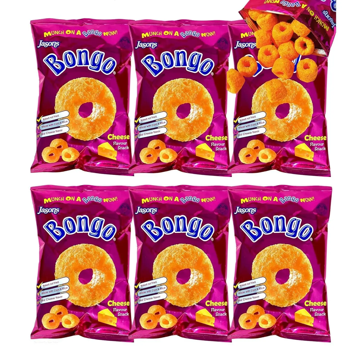 FIJI Jasons Bongo Cheese Snacks (Pack Of 6 x 64g) A natural cheddar cheese flavored baked puffs... Artificial Dry