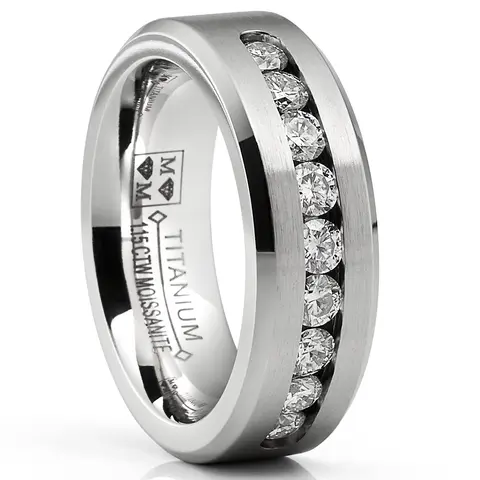 1.15 Carats Moissanite Mens Ring 18K White Gold Plated Wedding Band 9 Large Channel-Set 8MM