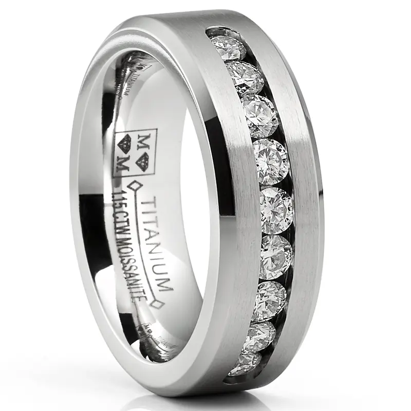 1.15 Carats Moissanite Mens Ring 18K White Gold Plated Wedding Band 9 Large Channel-Set 8MM