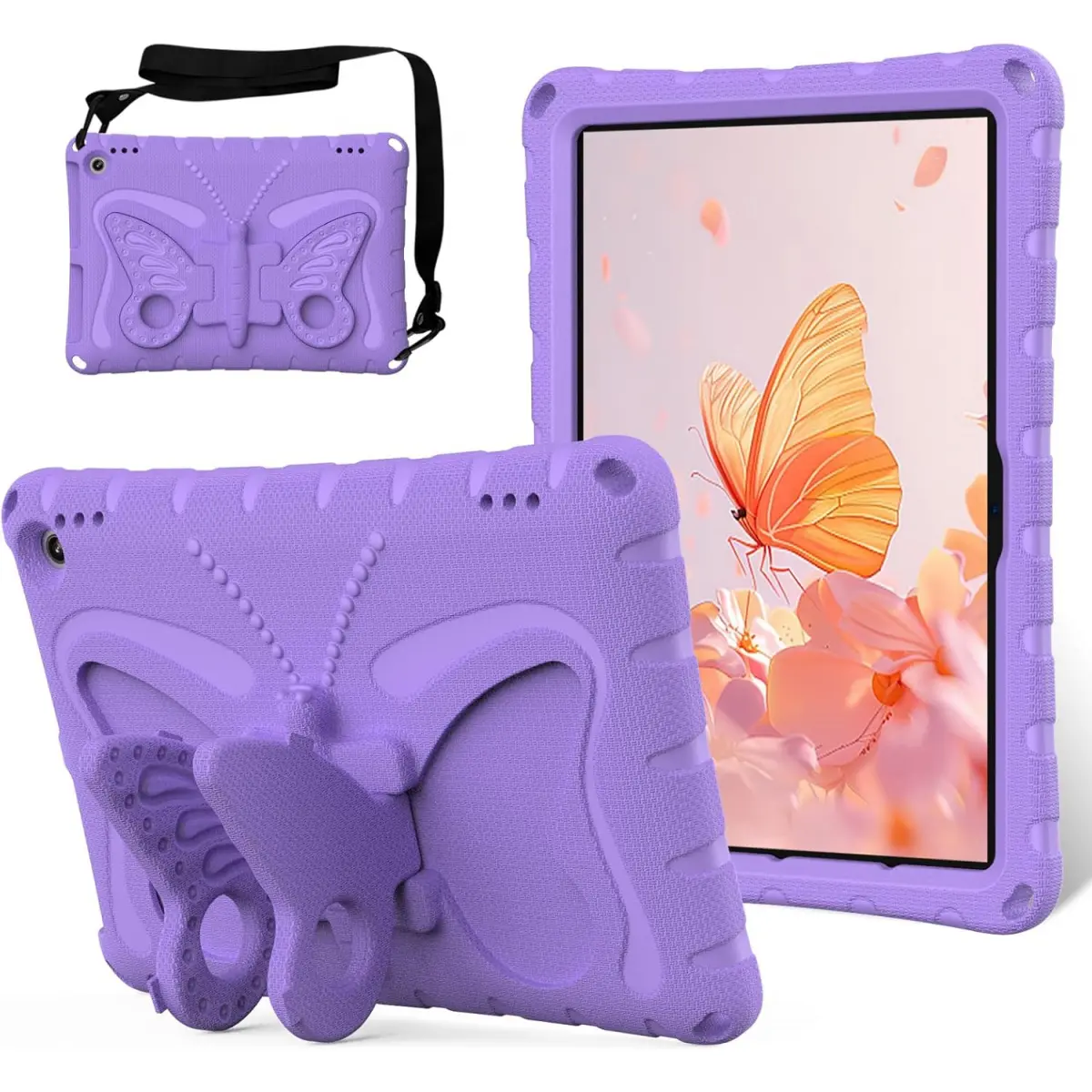 Butterfly Cartoon EVA Rubber Tablet Cover for Kindle Fire HD10 (2021-2023) - Kid-Friendly, Durable Shockproof Protection, Foldable Stand, With Strap, Lightweight Electronics Accessory