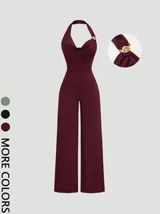 Women's Fashionable Backless Metal Decor Slim Fit Jumpsuit, Casual Daily Commuting Outfit, halter，Summer