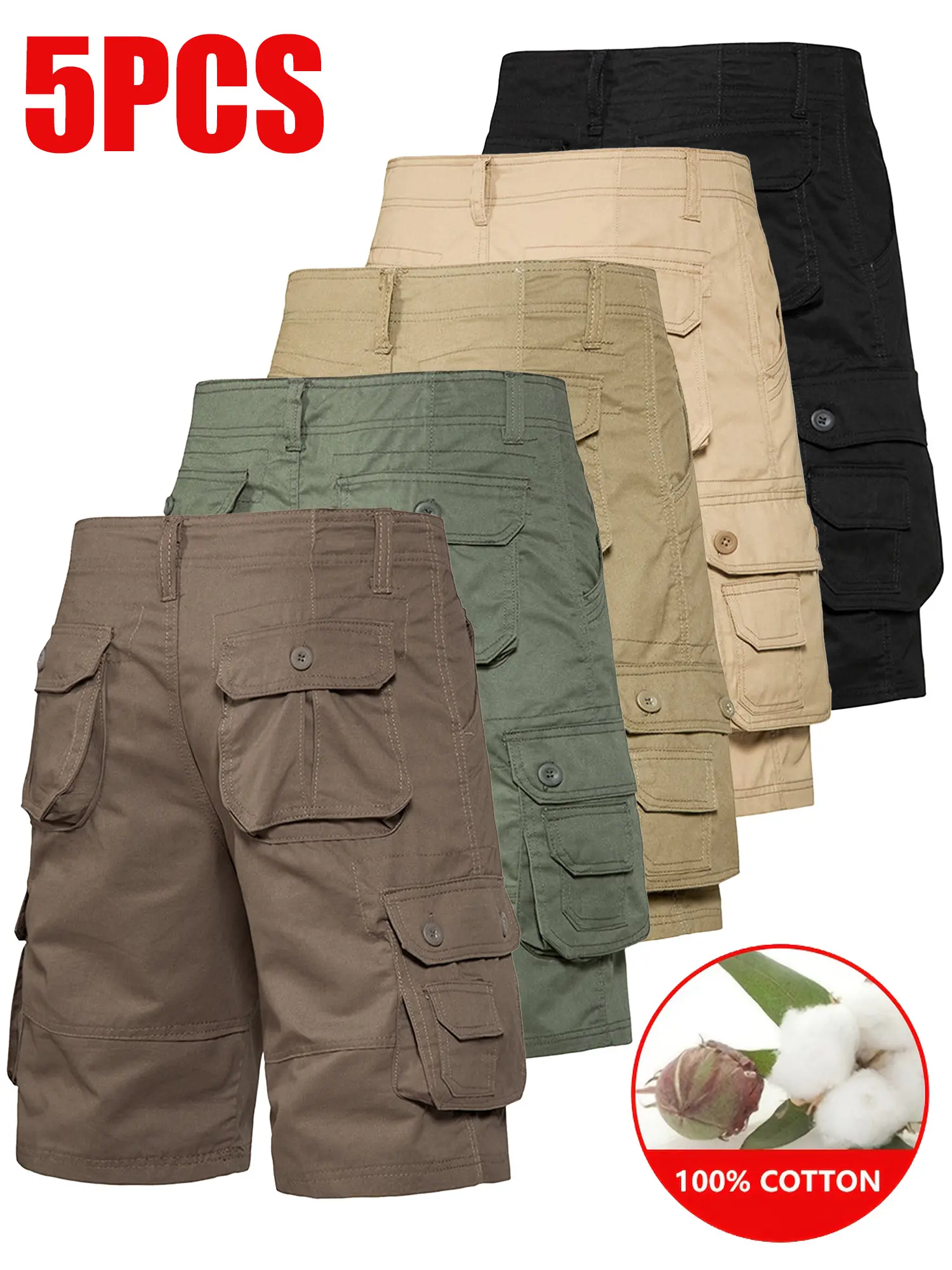 Pack of 5 pure cotton men’s cargo shorts in European/American style for summer—solid color, American retro design with multiple pockets, loose fit; suitable for outdoor activities and commuting; versatile, breathable, wear-resistant, and wrinkle-resistant
