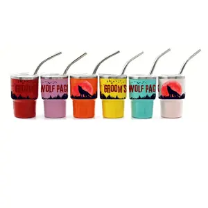 3oz Mini Shot Glass Tumblers - Funny Bachelor Party Favors for Groom's Crew - "Wolf Pack" & "Buy Me a Shot" Designs - Reusable Stainless Steel Cups with Lids & Metal Straws - Fun Groomsmen Gift Set - 6 Vibrant Colors - Durable & Gifting Ready