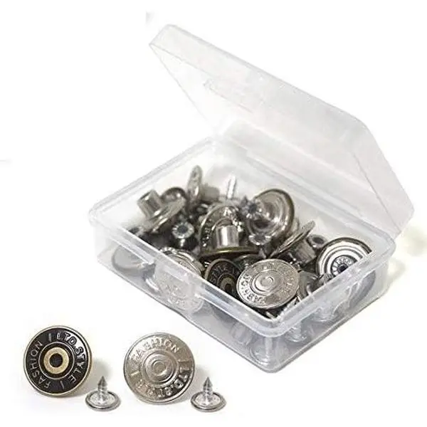 20 Sets Replacement Jean Buttons, 17mm Combo Copper Tack Buttons Replacement Kit with Rivets and Metal Base in Plastic Storage Box