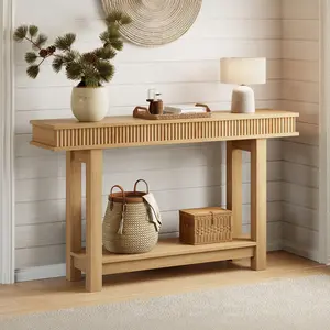 Space-Saving 2-Tier Wooden Dining Table – Farmhouse Narrow Console with Fluted Rectangular Plank and Beam Design, Entryway Shelf for Living Room, Foyer, or Hallway – Natural Wood Color