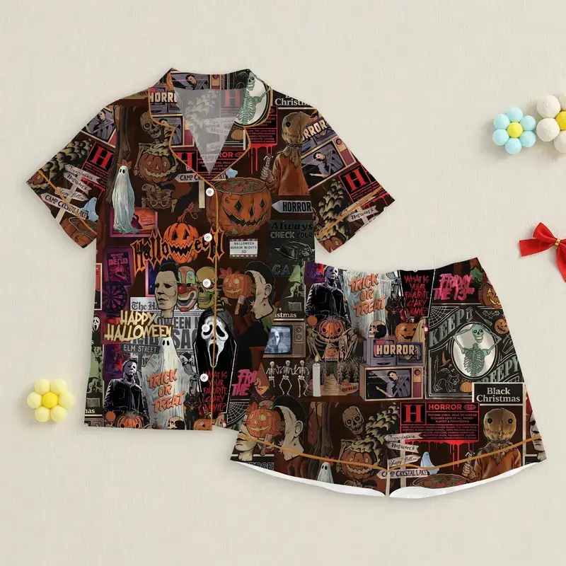 Women’s Retro Horror Movie Halloween Satin Pajama Set, Spooky Ghost Pumpkin Short Sleeve Sleepwear and Loungewear