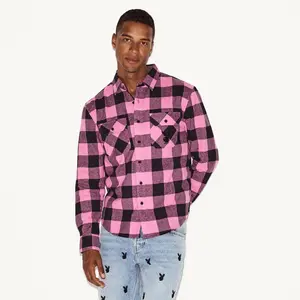 Playboy Men's Pink Flannel Long Sleeve Shirt