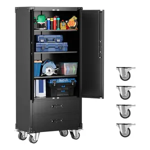 Heavy metal storage cabinet -72 inch high rolling tool storage rack with lockable door, 2 drawers, 3 adjustable shelves, steel miscellaneous cabinet for garage, workshop, home office, warehouse - lockable wheels