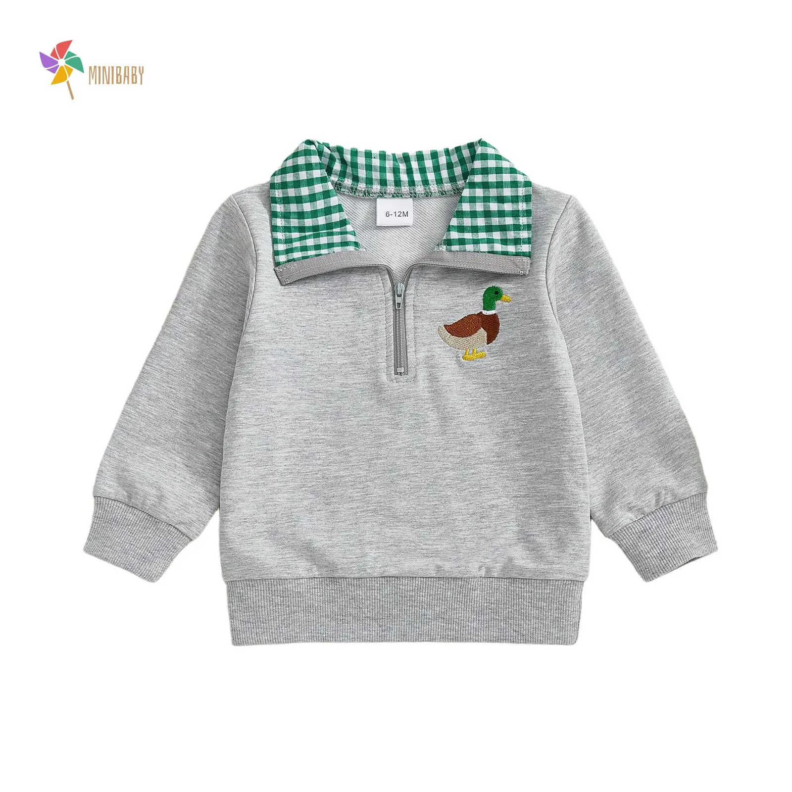Baby Boys Clothing, Casual Soft Sweater - Duck Embroidered Half-Zip Lapel Neck Design Pullover, Fall Farm Cute Tops, Soft Fabric Pullover, Duck Sweater
