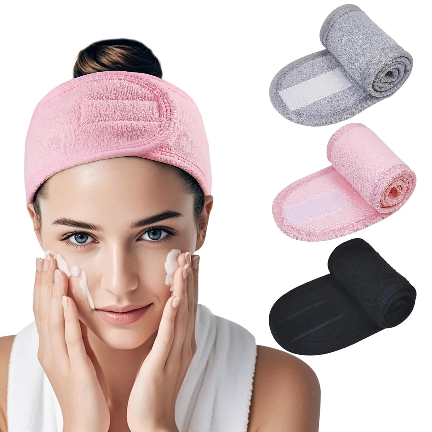 3 Pack Terry Cloth Spa Headbands for Women, Soft Adjustable Velcro Headband for Washing Face, Skincare Routine, Makeup Application & Shower - Includes Gray, Pink, Black