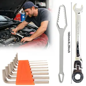 Heavy Duty Dual Use Ratchet Wrench Set, 72-Tooth Reversible Ratchet with 180 °   Swivel Head, Comes with Ratchet Wrench, Universal Wrench and Hex Keys, CRV Steel High Hardness with High Torque and Non-Slip Ergonomic Grip for Auto Motorcycle and Bike Rep