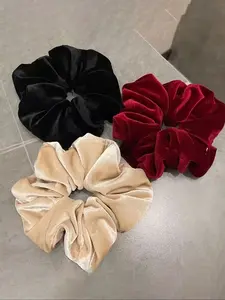 Women's New Solid Color Velvet Hair Tie Set, 3pcs Champagne, Fashionable Large Bow Headwear for Daily Use, Scrunchie