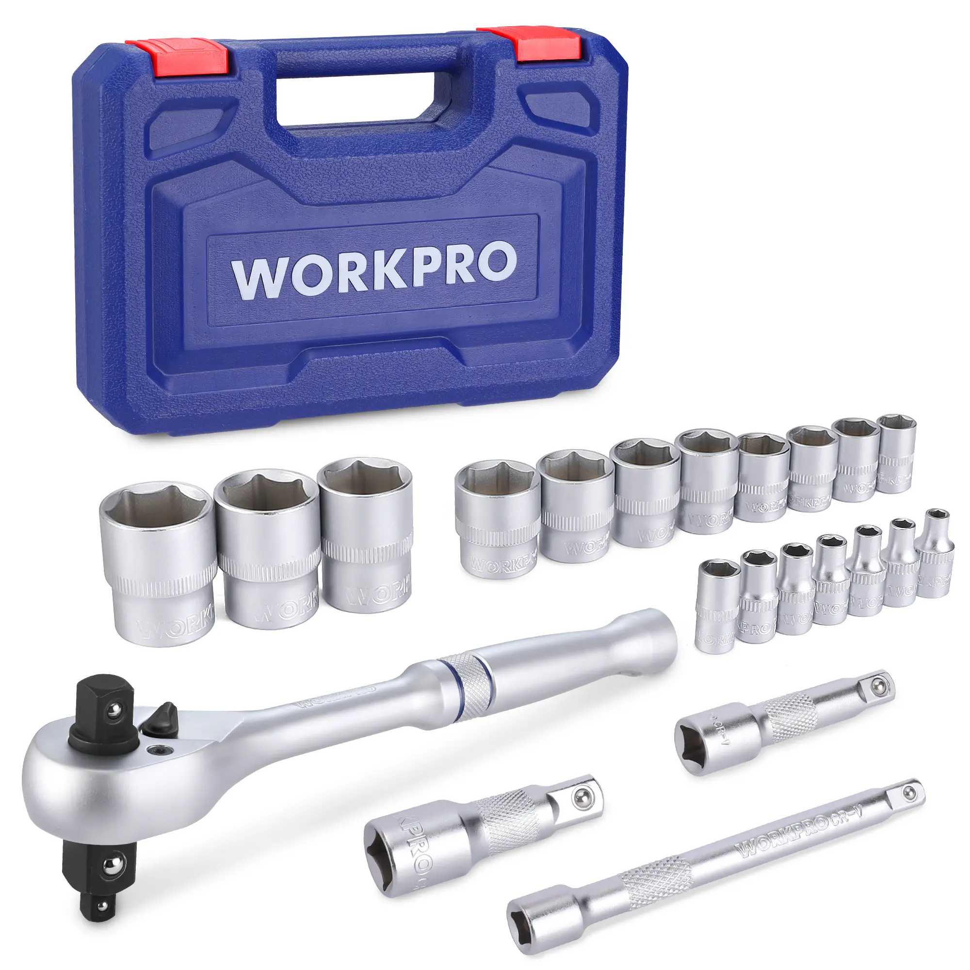 #toolupgrade WORKPRO 22-Pack Socket Set with 3-in-1 Ratchet Handle, 1/4, 3/8, 1/2 Inch Drive Socket Wrench, CR-V Metric Socket Set, Extension Bars, Storage Box Included, Mechanics Tool Sets for Auto Repairing