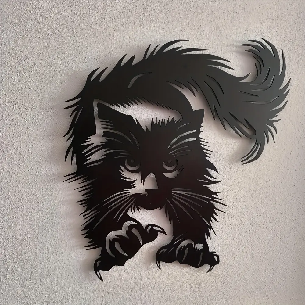 2D Jumping Cat Animal Design Metal Wall Decor, Silhouette with Flowing Fur Details, Wall Art, Living Room Decorations, Horizontal Hanging Decoration for Living Room & Bedroom, Modern Home Decor, Aesthetic Wall Decor