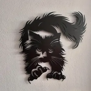 2D Jumping Cat Metal Wall Decor, Silhouette with Flowing Fur Details, Wall Art, Horizontal Hanging Decoration for Living Room & Bedroom, Home Decor Accessory
