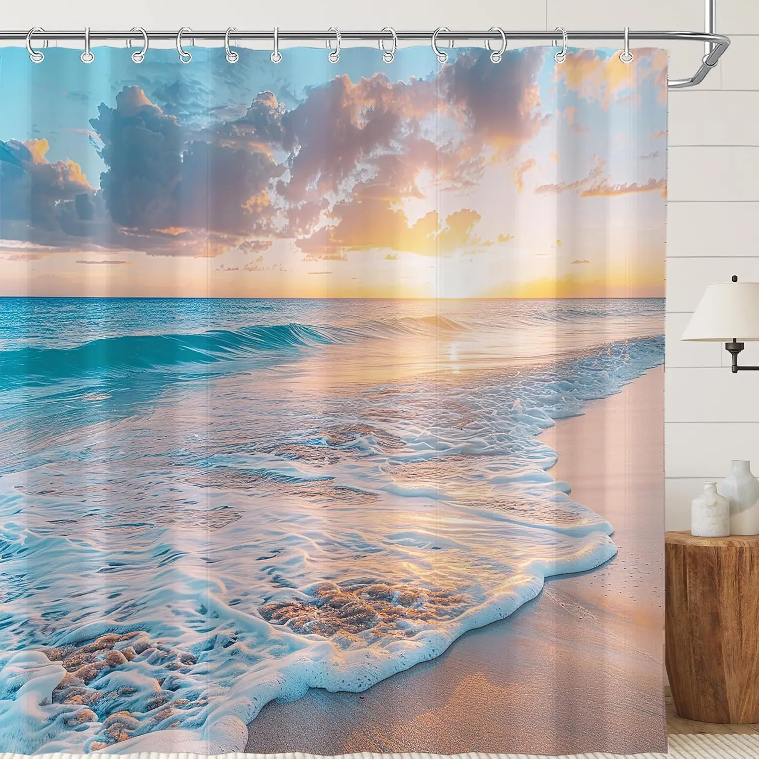 Coastal Nautical Beach Shower Curtain Set - Waterproof Polyester Boho Bathroom Decor, 12 Hooks Included, Neutral Cool Ocean Beach Waves Design for Bathtub, Hanging Plants Accent Seaside Themed Spaces, Shower Curtain Boho