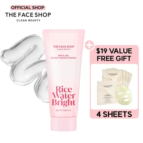 [THE FACE SHOP] Rice Water Bright Milk & Jelly Double Cleanser | 2-in-1 Foaming Facial Cleanser with Squalane, Panthenol & Hyaluronic Acid | Removes Sunscreen & Daily Makeup, Deep Pore Cleansing for Glass-Skin Glow | Korean Skincare
