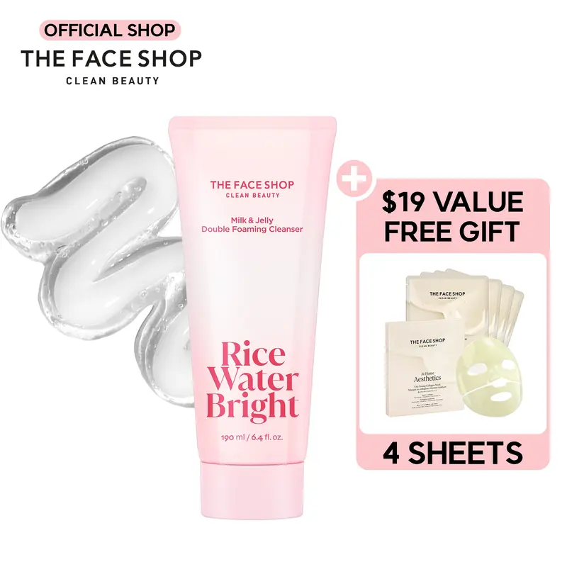 [THE FACE SHOP] Rice Water Bright Milk & Jelly Double Cleanser | 2-in-1 Foaming Facial Cleanser with Squalane, Panthenol & Hyaluronic Acid | Removes Sunscreen & Daily Makeup, Deep Pore Cleansing for Glass-Skin Glow | Korean Skincare