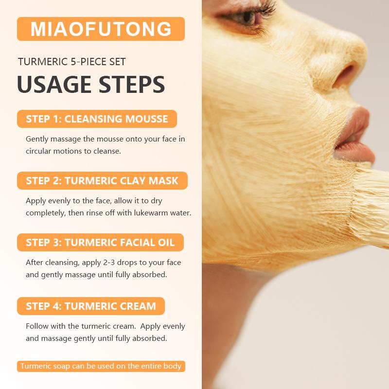 Turmeric 6-Piece Skincare Set with Massage Cleansing Brush – Includes Turmeric Clay Mask, Turmeric Mousse Cleanser, Turmeric Soap, Turmeric Face Cream, and Turmeric Oil. A complete cleansing and skincare kit