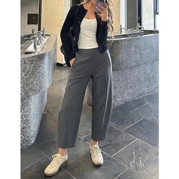 ZESICA Women's Barrel Travel Pants with Pockets | 2026 Trendy Baggy Hiking Golf Pant, Tapered Leg Cropped Ankle Trousers, Mid Rise Elastic Waist Outfits