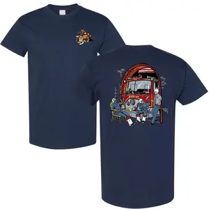Fire Truck Garage Firefighter T-Shirt 2 Sided, Hot Graphic Retro American Style, For Men Women, Streetwear Outdoor Casual Wear, Ideal Gift For Lovers, Firefighter Fans