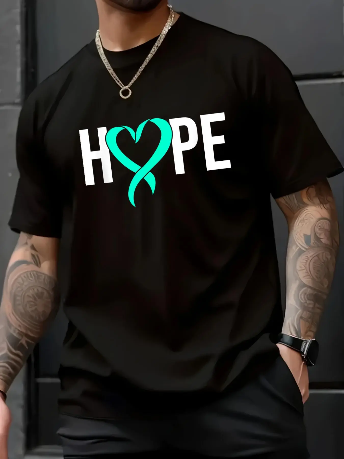 100% Cotton Unisex Loose Fit Short-Sleeve Crew Neck T-Shirt - Teal Ribbon PCOS Awareness Top, Casual, Cute, Comfy, Instagram Aesthetic, TikTok Fashion, Streetwear, Menswear, Stylish, Cold Wash, All Seasons, Shortsleeve, Hope Print