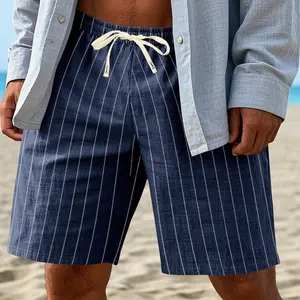 Men’s Striped Linen Drawstring Shorts - Menswear Elastic-Waist Breathable Beach Pants for Summer Vacation Everyday Use, Striped Men's Shorts #FathersDayGift #SummerWins