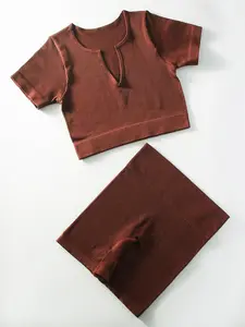 Two-Piece Set Women's Solid Ribbed Crop Top & High Waist Shorts Tracksuit Set Sweatsuit Sets Athleisure, Sporty Breathable Comfy for Yoga Gym Workout Running, Ladies Sportswear for All Seasons, Breathable Activewear