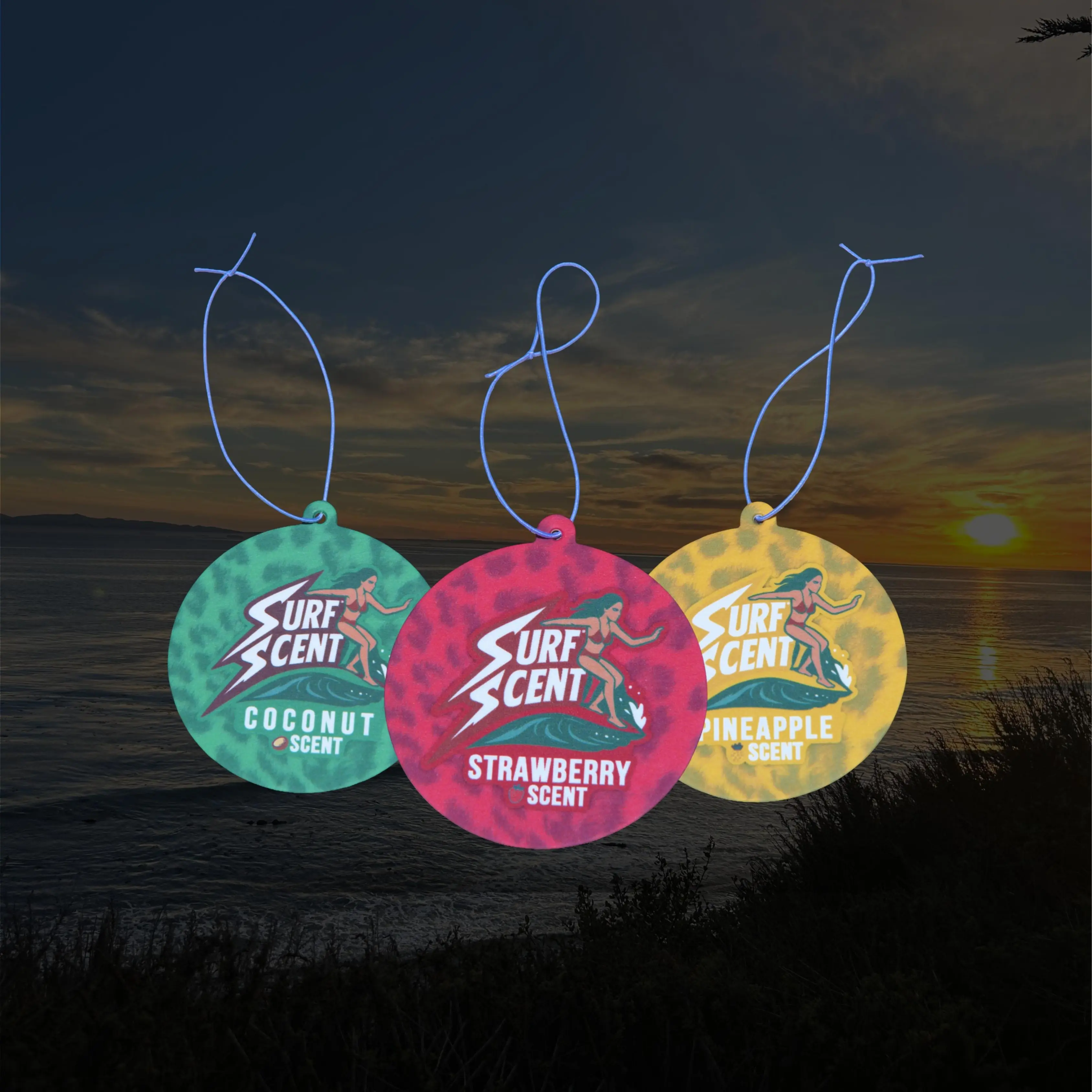 SurfScent Car Air Freshener 3-Pack | Hanging Air Fresheners for Car, Beach Scents – Strawberry, Coconut & Pineapple | Phthalate-Free, Vegan Car Fragrance Set