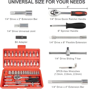 46 Pieces 1/4 inch Drive Socket Ratchet Wrench Set, with Bit Socket Set Metric and Extension Bar for Auto Repairing and Household, with Storage Case
