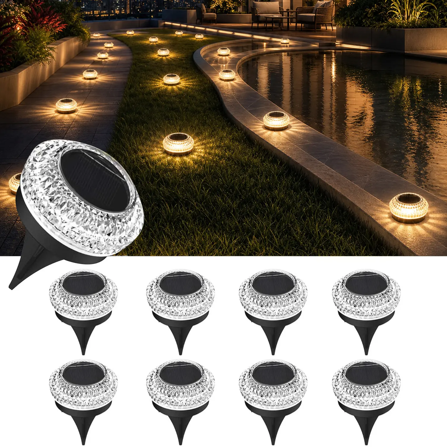 Solar Lights for Outside, 8 Pack Solar Outdoor Lights, IP67 Waterproof Solar Driveway Dock Lights, Mini Solar Ground Lights - Powered Ground Disk Lights for Deck, Patio, Garden Pathway
