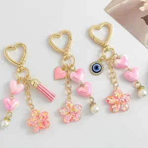 Evil Eye Keychain, Cute Pink Heart & Flower Bag Charm, Y2K Aesthetic Lucky Key Ring Pendant, Lightweight Trendy Accessory for Handbag, Backpack, Car Keys or Gift