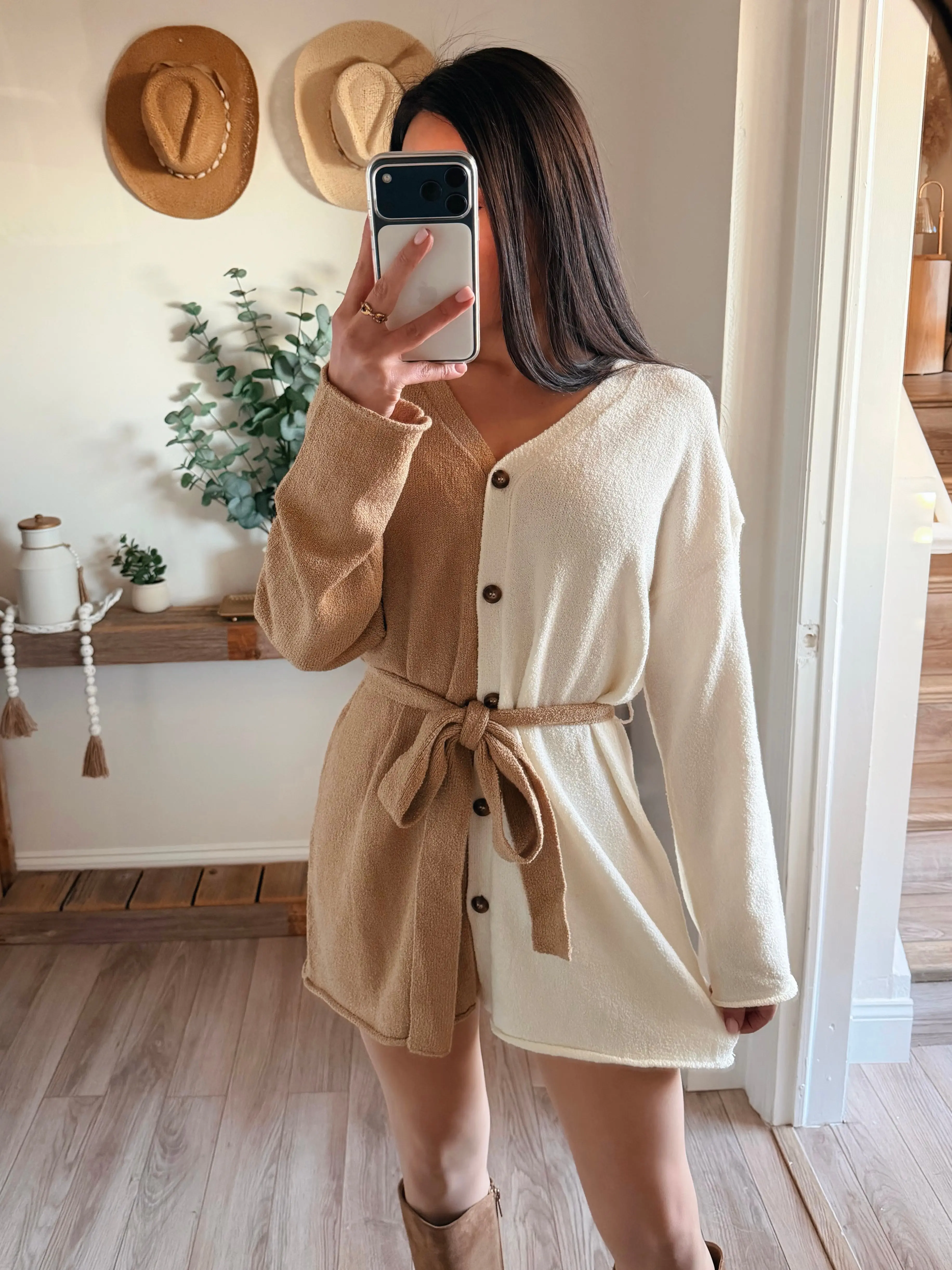 Cream-Sand Knit Colorblock Belted Cardigan/Dress
