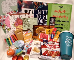 Activity Book Gift Box Set, Adult activity books, Adult puzzles, Relaxing gift box, De-stress & pamper box, Drinks, Snacks, Fun gift box