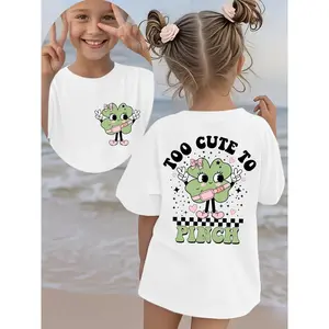 St. Patrick'S Day Girls' Summer Fashion Short Sleeve T-Shirt | "TOO CUTE TO PINCH" Clover Cartoon Double-Sided Print Casual Versatile Top, Regular Fit, Crew Neck, Slight Stretch Fabric