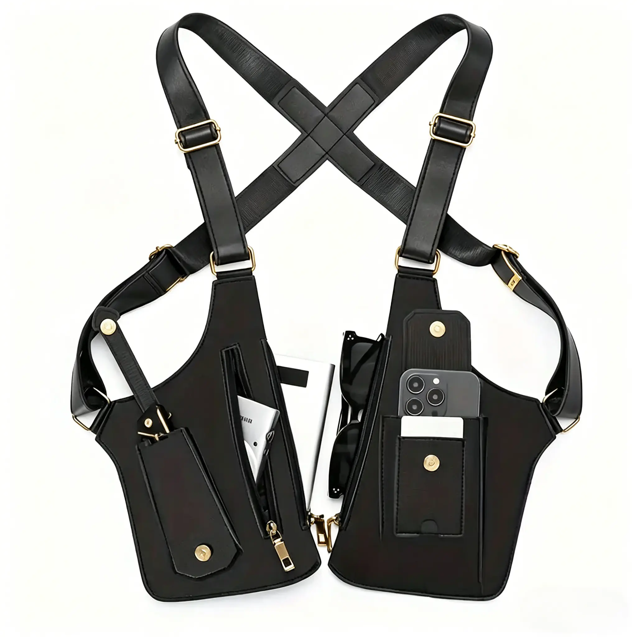 Unisex Armor-Style Genuine & Faux Leather Shoulder Bag - Adjustable Strap, Reinforced Design, Anti-Theft, Hidden Underarm Strap Wallet for Sports, Outdoor Leisure, Armor Look, Casual, Athletic, Black（Golden Zipper）, No