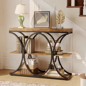 3-Tier Industrial Entryway Table with Oval-shaped Metal Frame, Open Shelf Console Sofa Table for Living Room, Hallway, Foyer Storage Accent Table with Adjustable Feet, Rustic Wood Top