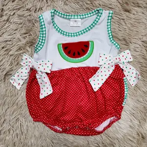 Sleeveless watermelon embroidery polka dots bubble baby girls summer romper