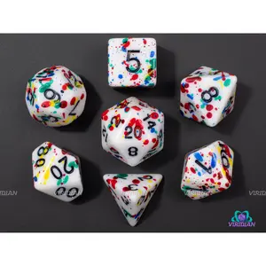 Pollock'd | White, Rainbow Splatter/Speckle, Paint | Acrylic Dice Set (7)