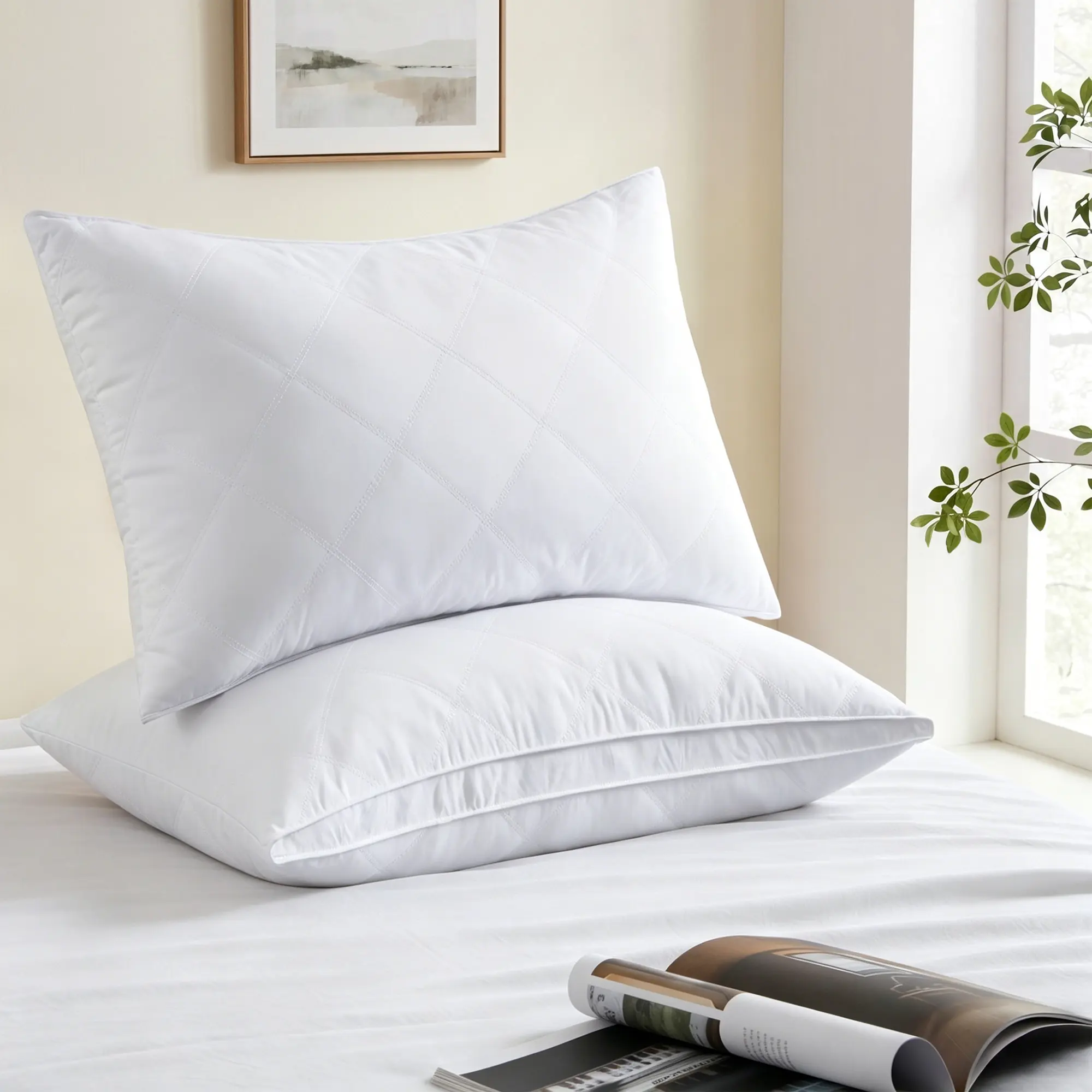 PEACE NEST Set of 2 Hotel-Style RDS Certified Pillows, Medium Gusset Support, Double-Stitch Diamond Quilting, Goose Feather Filling for Bed Luxury Rest