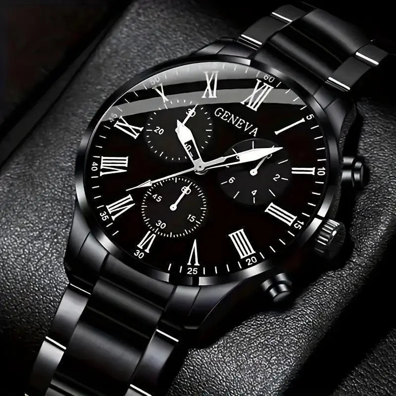 4pcs Men'S Fashion Watch Set, Quartz Movement, Round Zinc Alloy Case, Faux Leather & Stainless Steel Bands, Battery Powered, with Multiple Black Dial 4pcs Men'S Fashion Watch Set, Quartz Movement, Round Zinc Alloy Case, Faux Leather & Stainless Steel Bands, Battery Powered, with Multiple Black Dial