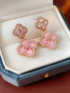 Zircon Flower Abalone Pendant Earrings, Korean Sweet Fresh Ear Studs, Elegant Luxury High-End Jewelry for Women