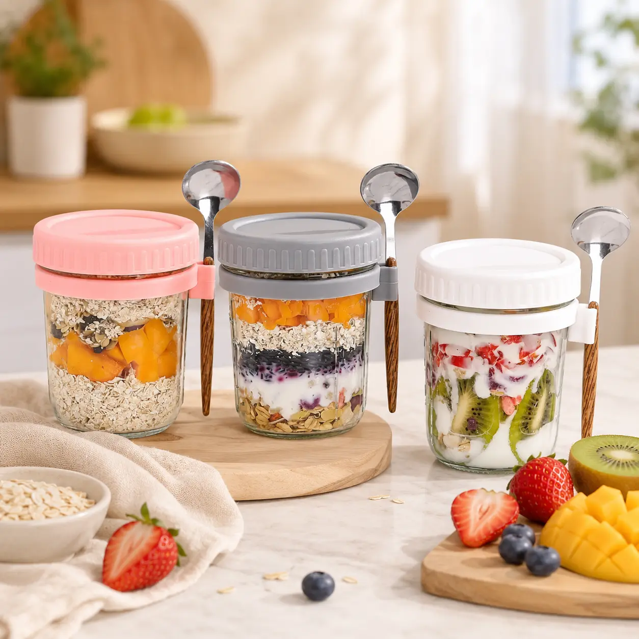 1-Piece 350ml Stackable Glass+PP Overnight Oats Jar Container - Airtight Rubber Seal Lid, Wood Handle Spoon, Engraved Measure Scale, Leak-Proof Desk Granola Storage Jar for Home Kitchen, Office Use (White/Gray/Pink Options)