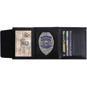 Rothco Leather ID & Badge Wallet - Black Trifold with 7 Card Slots, Cash Slot, Removable Badge Tab, Secure Storage for Police & Public Safety Professionals